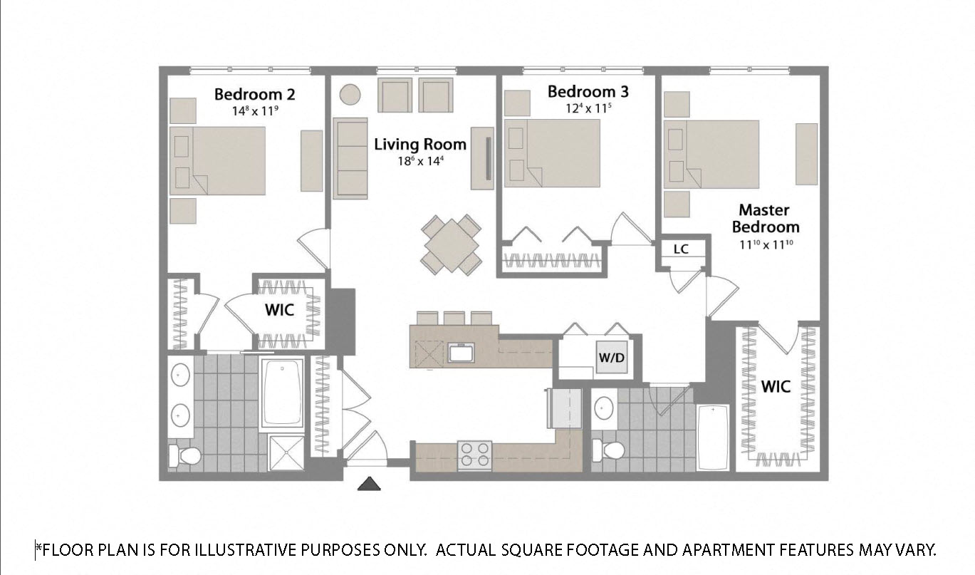 Floor plan for 3 beds, 2 baths, 1475 sqft